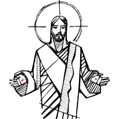 Hand drawn vector illustration or drawing of Jesus Christ with open hands